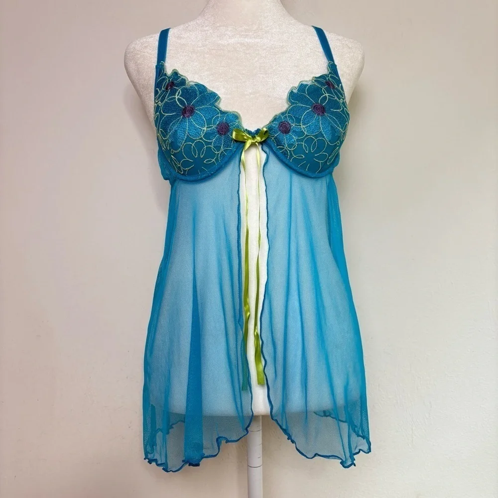 Vintage Y2K Floral Coquette Bow Mesh Cami Chemise Lingerie Phoebe S